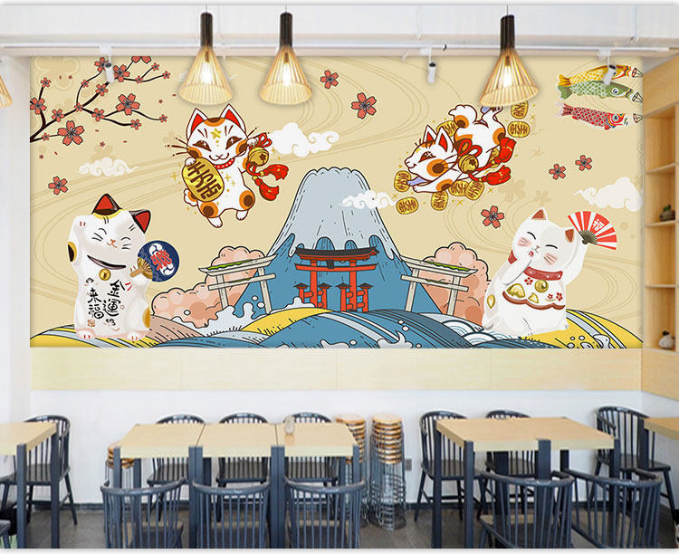 壁紙壁纸墙纸壁贴墙贴居家翻新和風日式餐廳裝飾招財貓壁紙個性日本裝修風格壁畫壽司料理店墻紙 露天拍賣