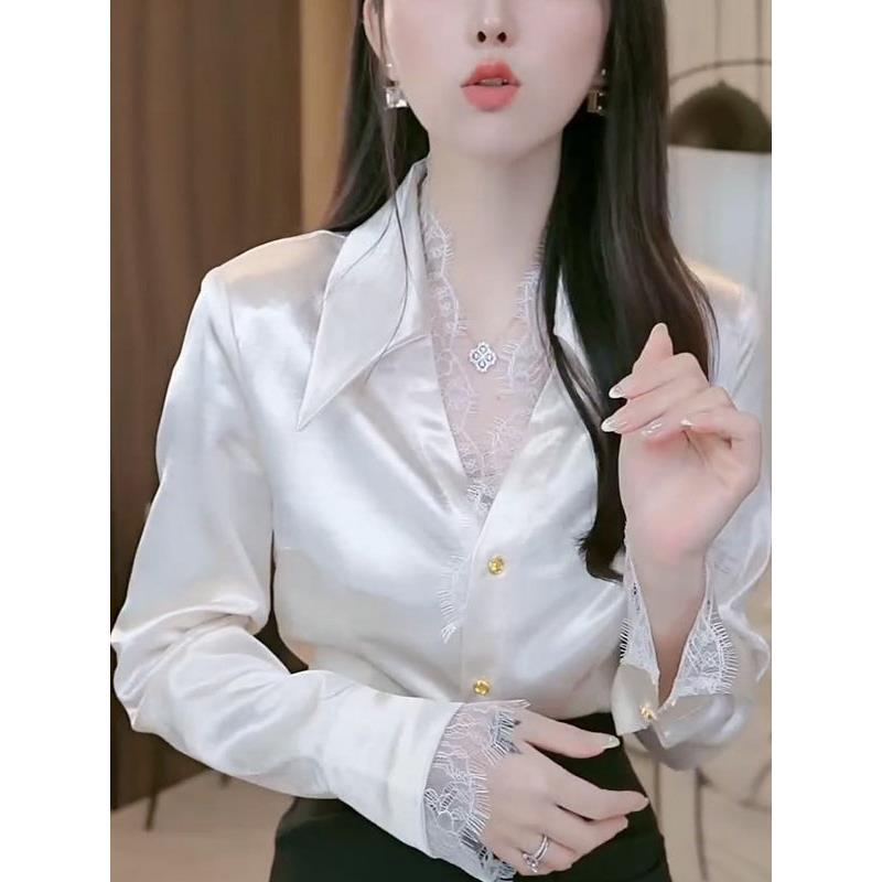 Liwu/Light Luxury Lace Spliced Acetate Satin Shirt for Women, New Spring and Autumn Style, Pure Desire V-Neck, High-End Trendy Top