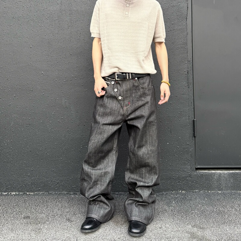 Hy711 Red Selvedge Thread Diagonal Placket Four-Button Black A-Line Straight-Leg Slightly Curved Wide-Leg Raw Denim Jeans for Men and Women