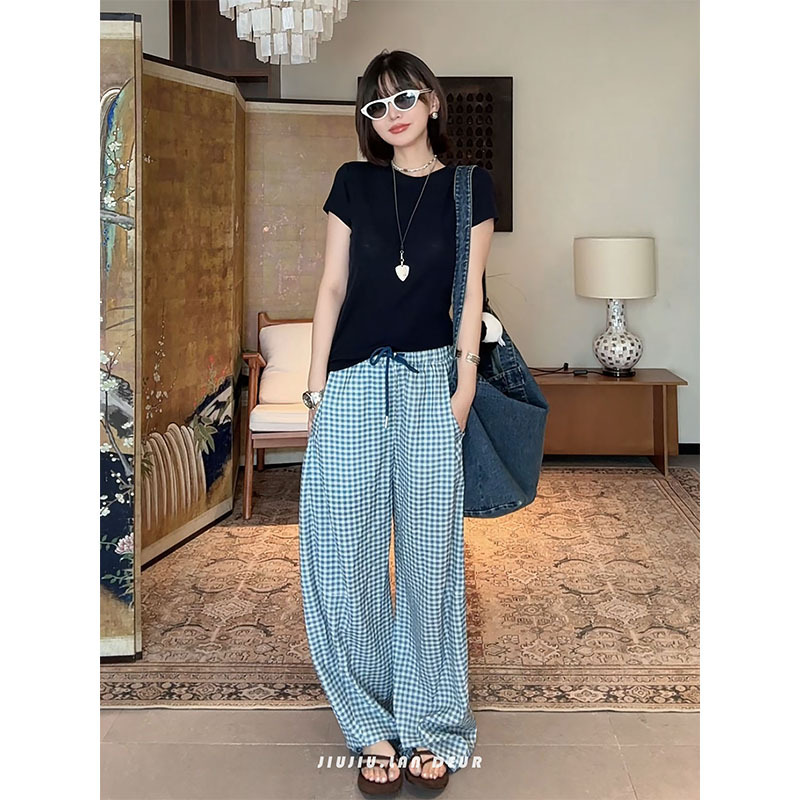 Achen【Blue Sea Glass】Lyocell Linen Refreshing Plaid Wide-Leg Casual Pants + Solid Color Knitwear Set