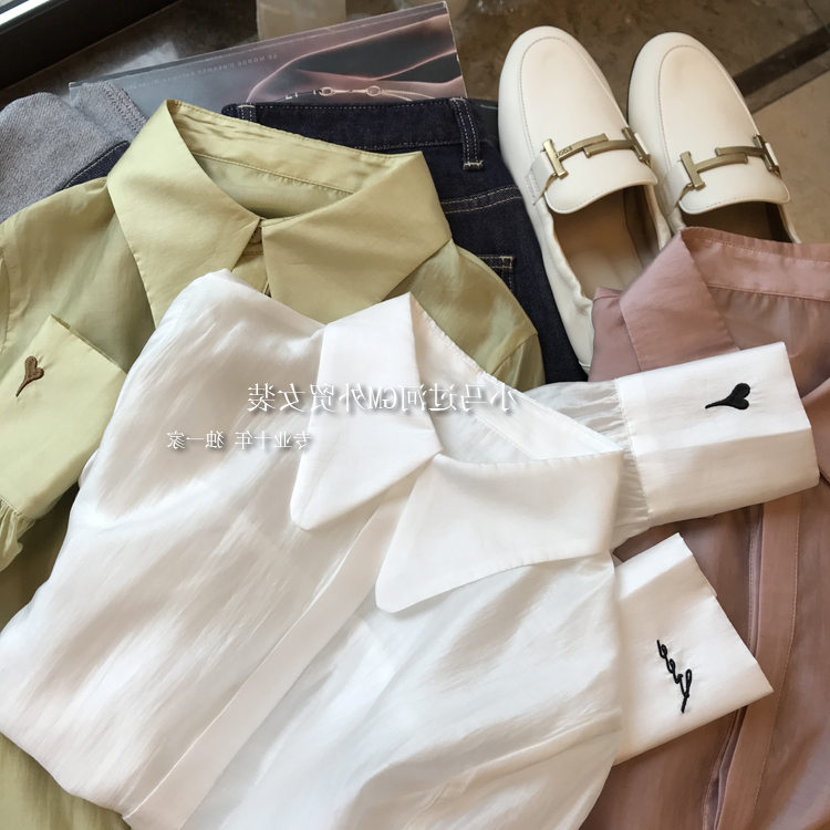 Brand discount store mall Withdrawal Women's Foreign Trade Cut Mark Extremely Simple Wind Light Silk Slip Cuffs Embroidered Shirt Woman Autumn