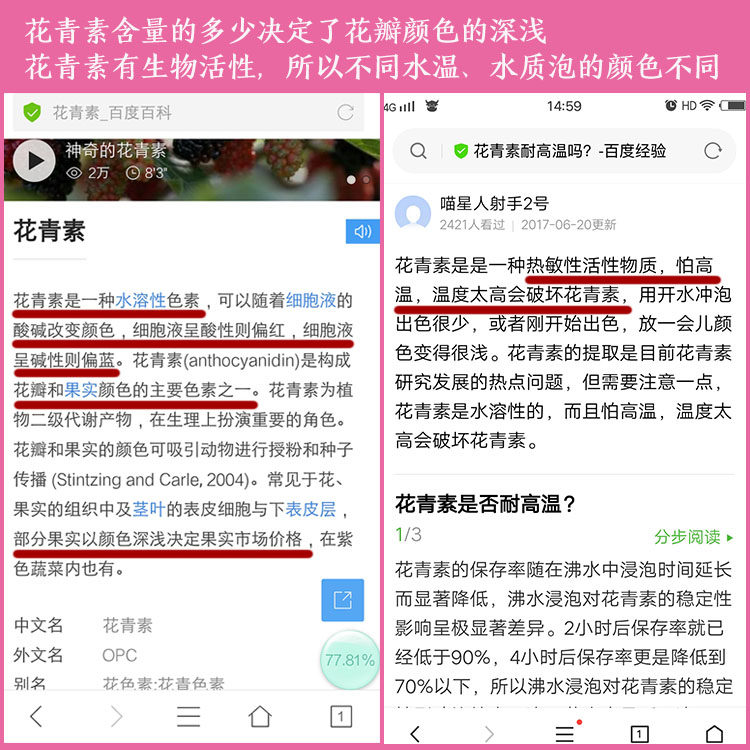 Anthocyanin water soluble to temperature water quality pH sensitive with biological activity