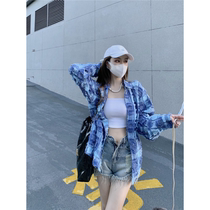Limited time special offer design blue plaid shirt jacket womens early autumn mid-length chic tassel sun protection top