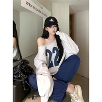 Limited time special offer American retro letter printed off-shoulder sweatshirt for women early autumn casual oversize off-the-shoulder top trendy
