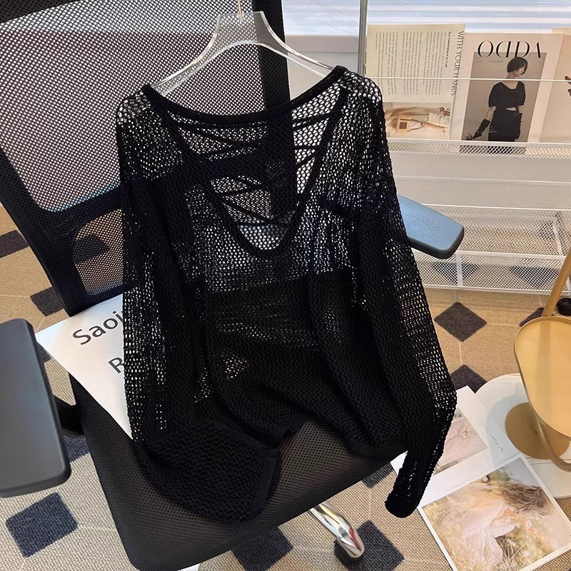 Mesh Backless Hollow-Out Sun Protection Blouse, New Spring/Summer Design, Loose Fit, Slimming, Thin Long-Sleeve Top, Lazy Style