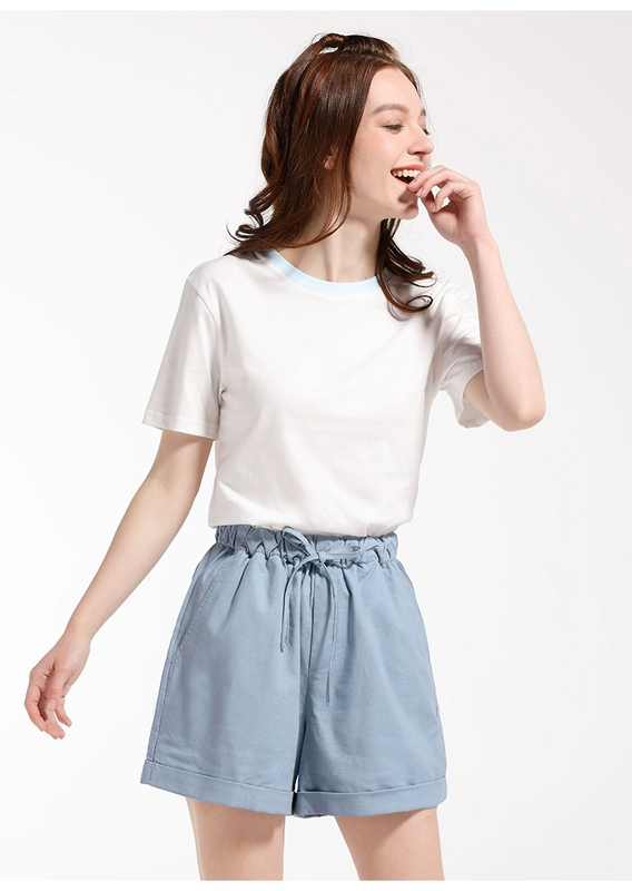 Amy yêu quần ống rộng nữ cao eo rủ 2019 mới hè co giãn eo thể thao quần cotton giản dị - Quần short