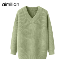 Amy love thick V-neck sweater women Spring and Autumn wear 2021 New loose lazy wind blue pullover knitting