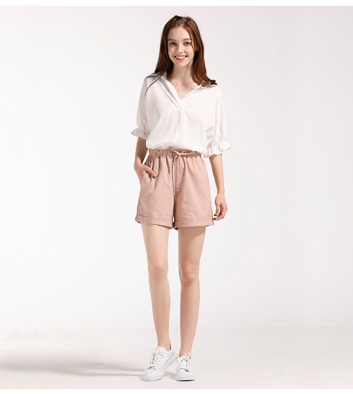 Amy yêu quần ống rộng nữ cao eo rủ 2019 mới hè co giãn eo thể thao quần cotton giản dị - Quần short