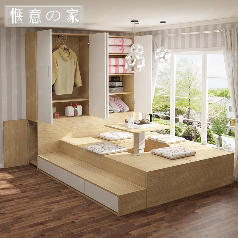 Tatami bed minimalist Modern Floating Window Terrace Storage High Box Bed Small Family Custom Wardrobe Bookcase Cot