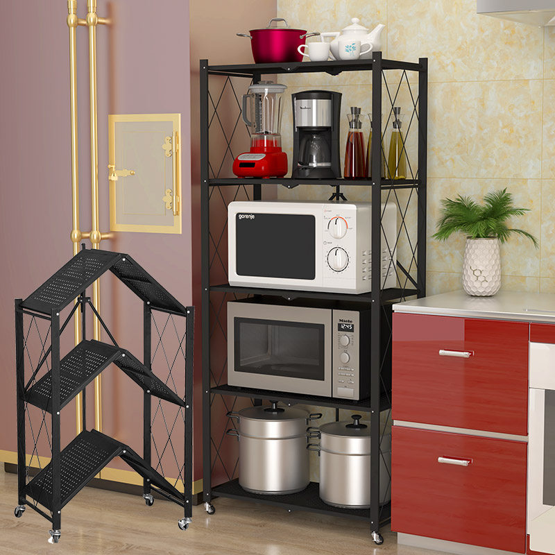 Installation-free kitchen folding rack with wheels living room household goods sorting balcony floor-to-ceiling microwave storage rack
