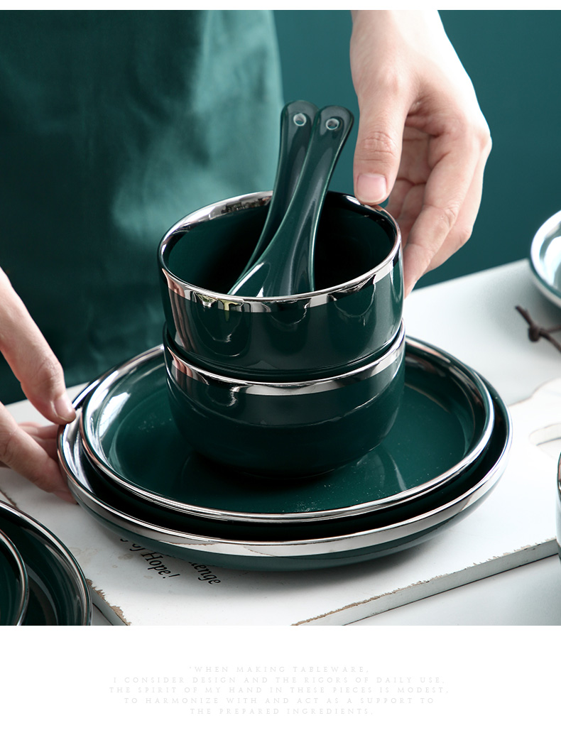 Porcelain color green jade - like stone Nordic silver edge ceramic tableware household dish dish dish soup plate western - style food dish bowl bowl rainbow such use