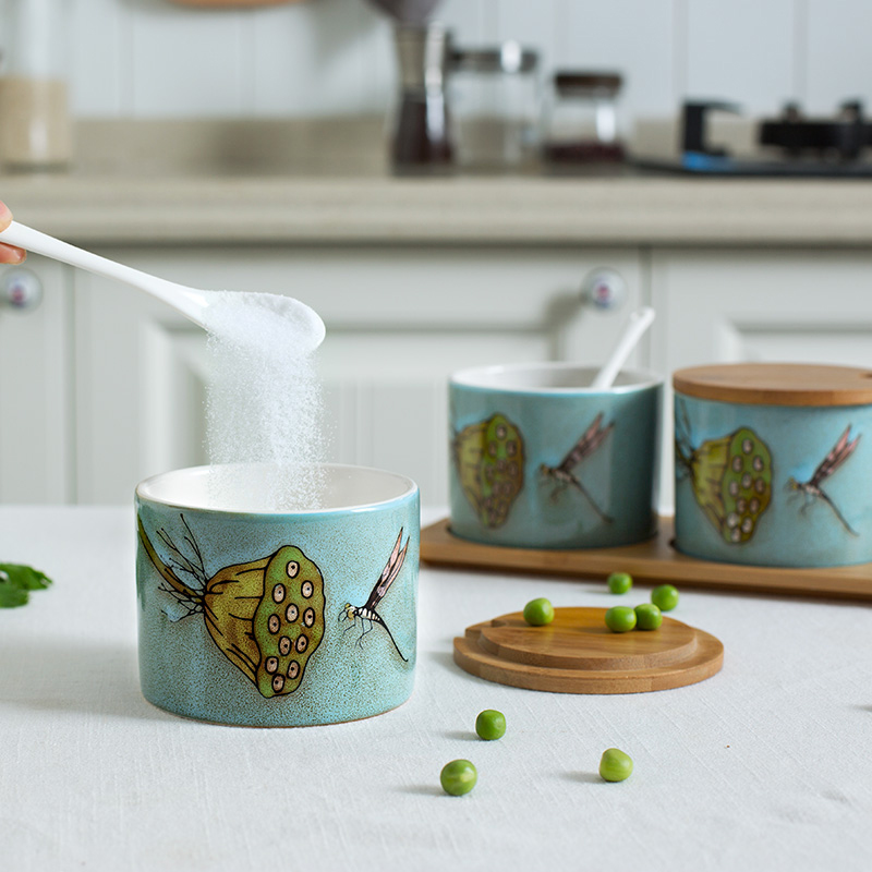 Creative kitchen seasoning as cans 3 combination suit move bamboo cover ceramic store content spices box of salt powder as cans