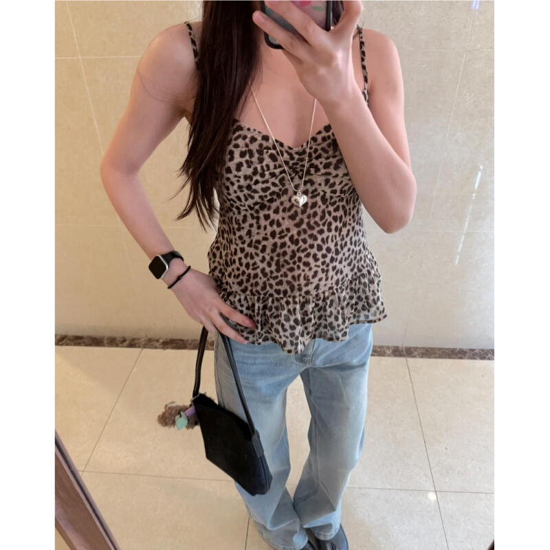 Placeorder Retro Leopard Print Back-Cutout Ruffled Halter Top for Women Summer Waist-Slimming Vest