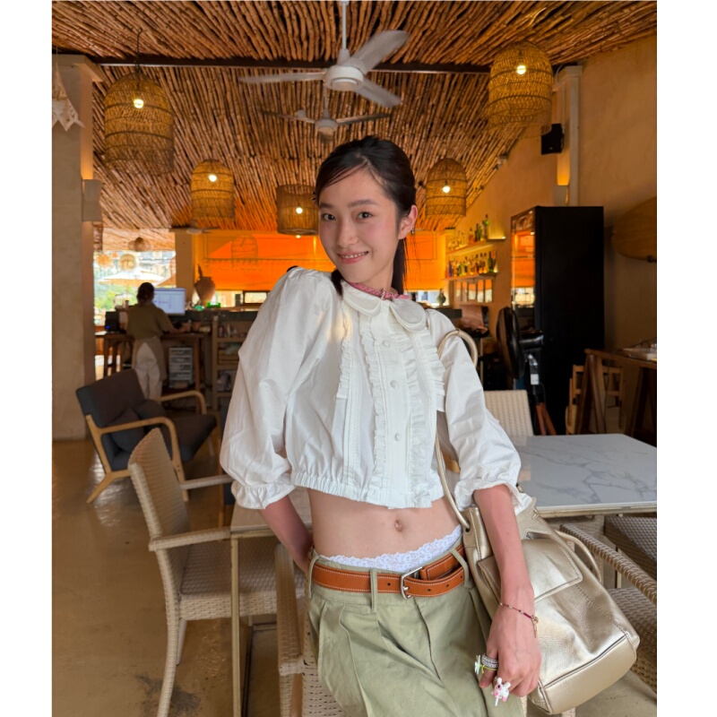 Placeorder Korean Niche Double-Layer Doll Collar Shirt with Raw Edge Design, Pleated Lace High-Waisted Top
