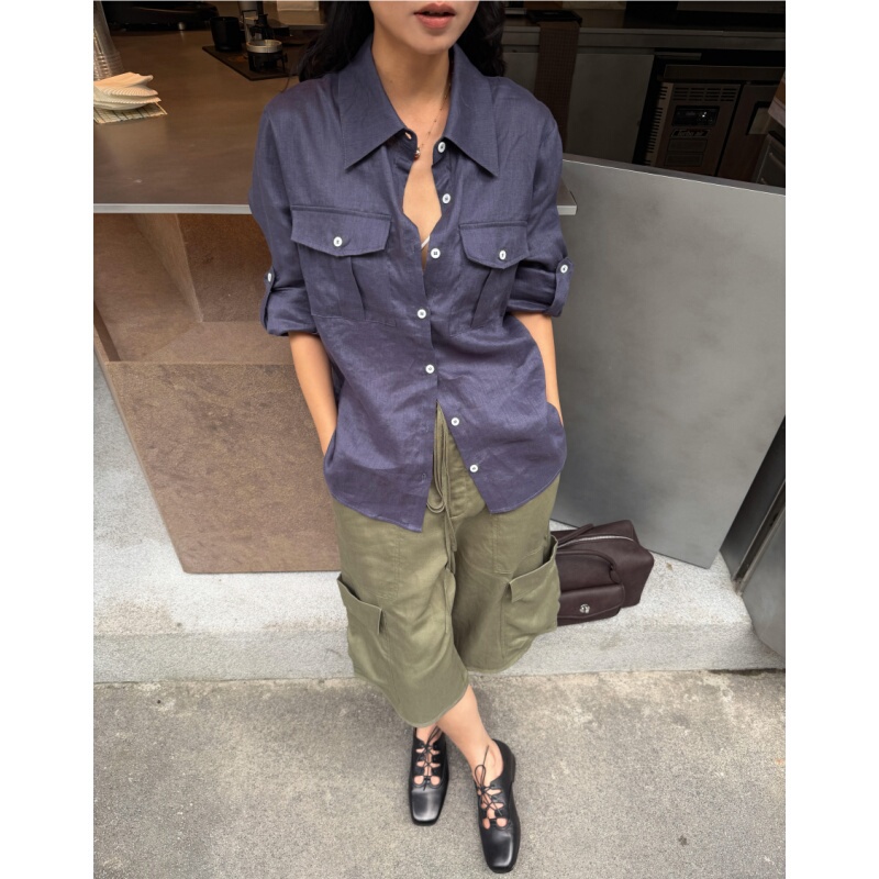 Placeorder Zhang Ruonan's Same Style Pleated Rolled-Sleeve Shirt with Three-Dimensional Pockets, Women's Summer Linen Long-Sleeve Top