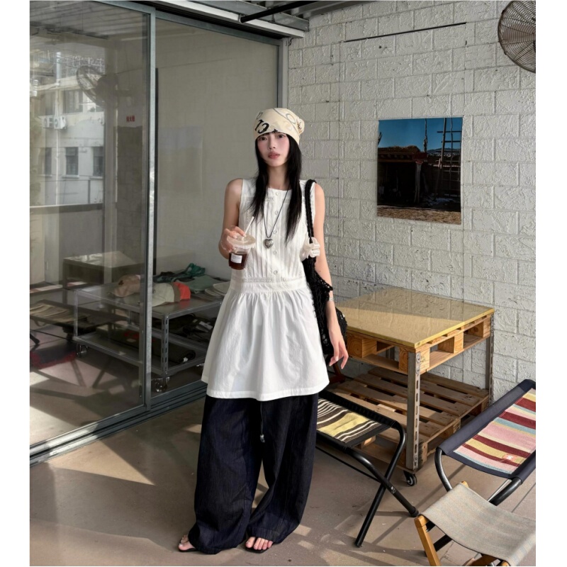 Placeorder Korean Niche White Round-Neck Lace Tuck Pleated Mid-Length Sleeveless Loose Tank Dress