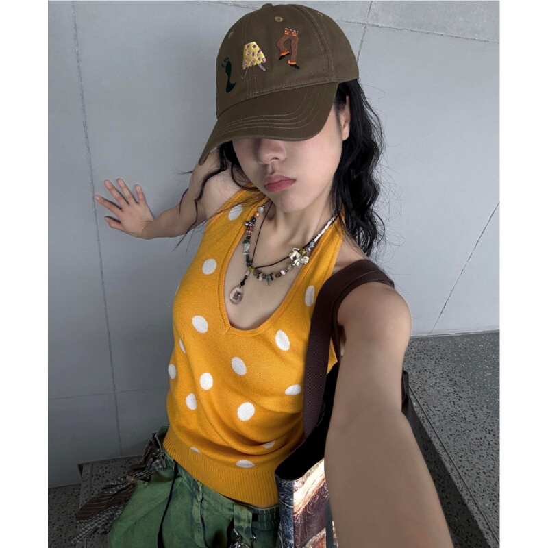 Placeorder "Bozi Soda" Orange Polka Dot Slim-Fit Halter Neck Sleeveless Acetate Cashmere Vest Top Summer