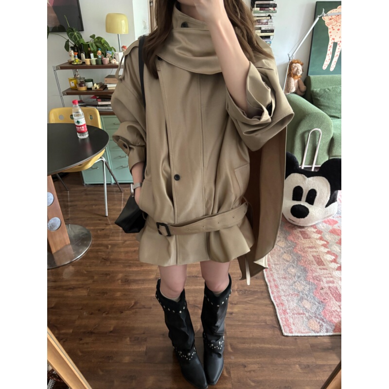 Placeorder Retro Detachable Shawl Mid-Length Hunting Jacket Windbreaker Coat Women's Autum Long-Sleeved Top