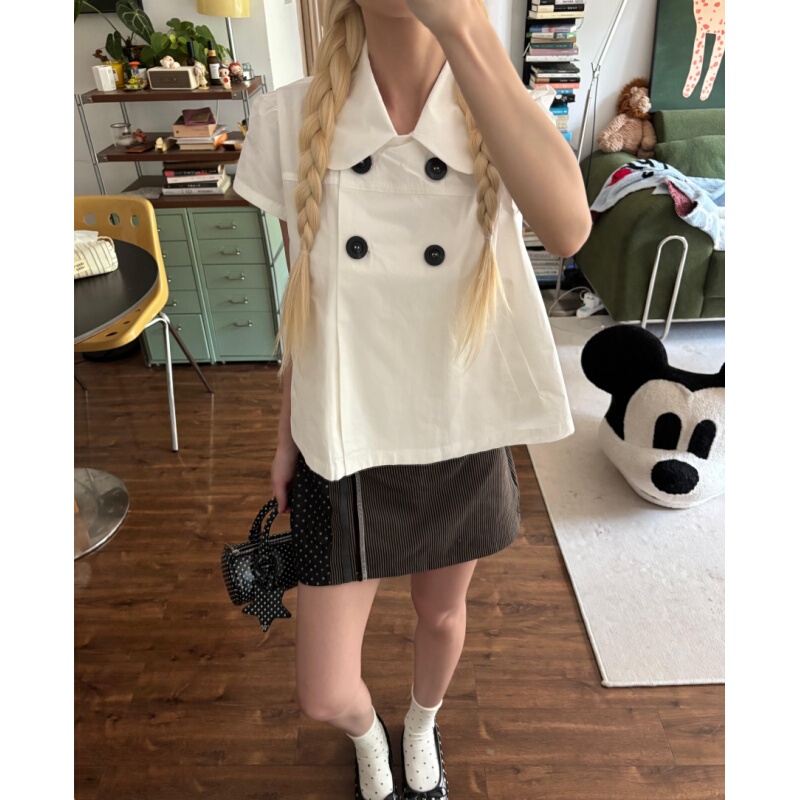Placeorder Korean-Style Double-Breasted White Shirt for Women, Summer Design, Age-Reducing Loose Shirt Top Placeorder Korean-Style Double-Breasted White Shirt for Women, Summer Design, Age-Reducing Loose Shirt Top