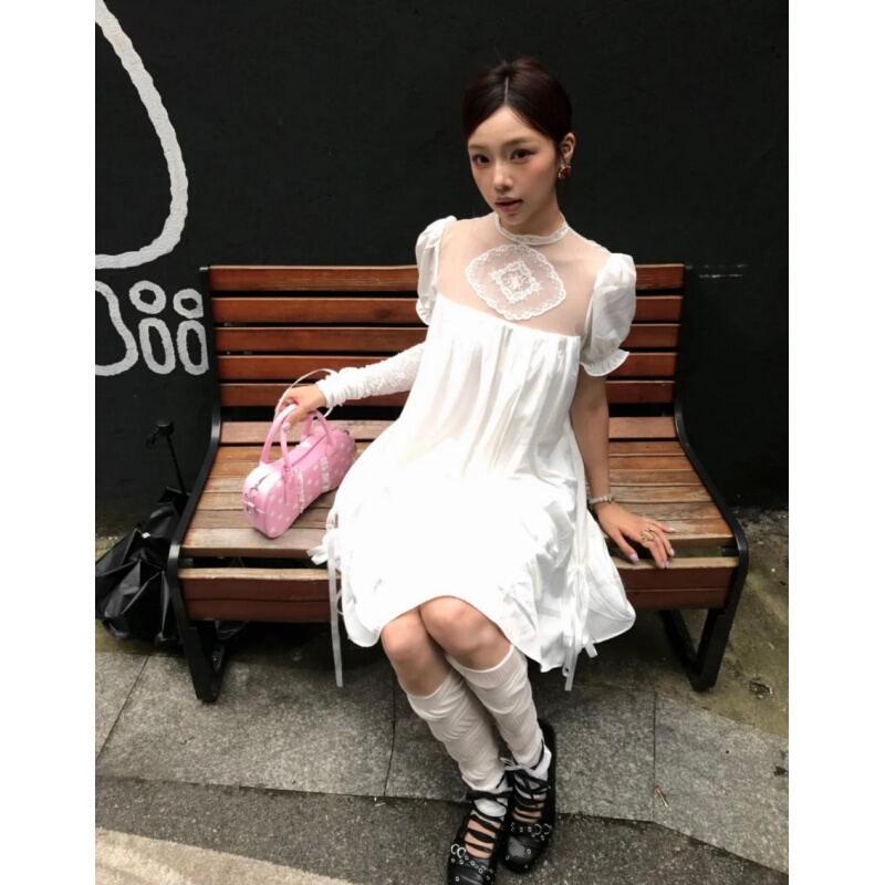 Placeorder Korean-Style Lace Splicing Mesh White Babydoll Dress, Slimming and Versatile Summer A-Line Dress Placeorder Korean-Style Lace Splicing Mesh White Babydoll Dress, Slimming and Versatile Summer A-Line Dress