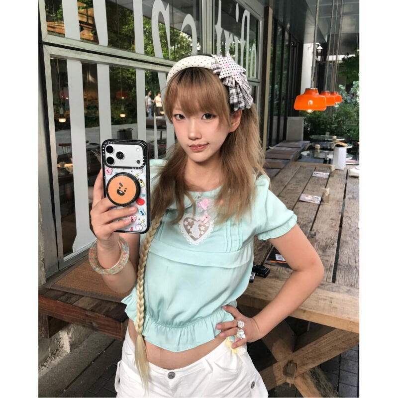 Placeorder Korean-Style Heart Lace Bunny Lace Doll Collar Shirt for Women Summer Mint Green Satin Top