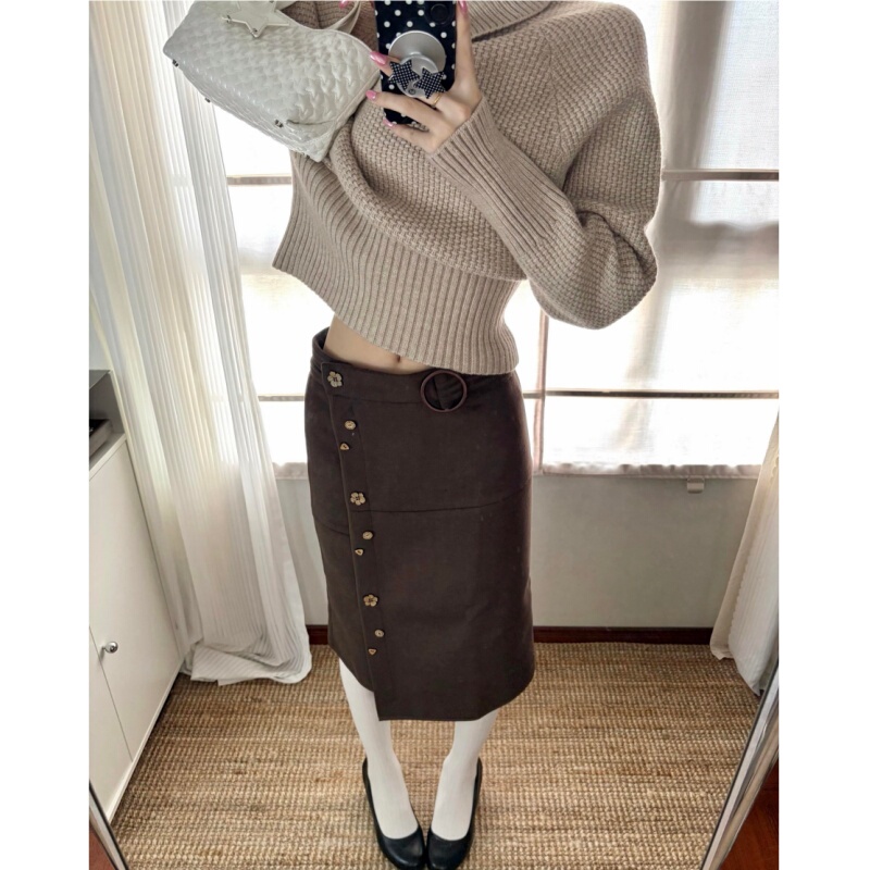 Placeorder Retro Floral Button Woolen Skirt for Women Autumn and Winter High-Waisted Slimming Brown Mid-Length Skirt Placeorder Retro Floral Button Woolen Skirt for Women Autumn and Winter High-Waisted Slimming Brown Mid-Length Skirt
