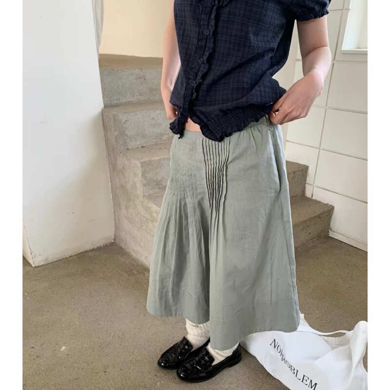 Placeorder Retro Linen Narrow-Waist Pleated Mid-Length Skirt with a Unique Design, Versatile A-Line Skirt for Summer