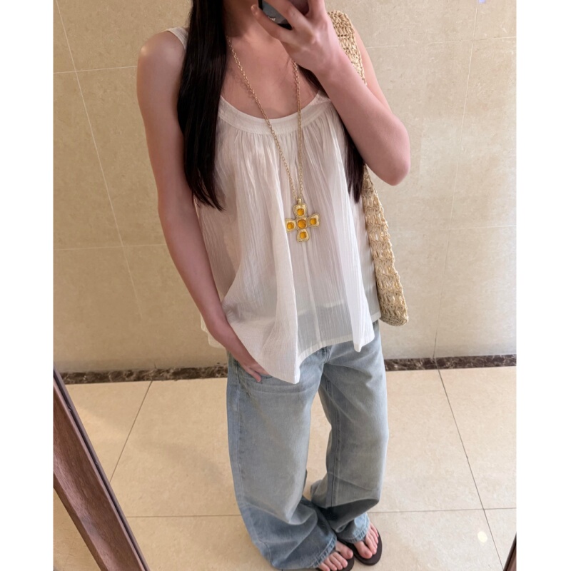 Placeorder Retro Large U-Neck Hand-Cut Umbrella-Shaped Loose Vest Sleeveless Top for Women Spring and Summer