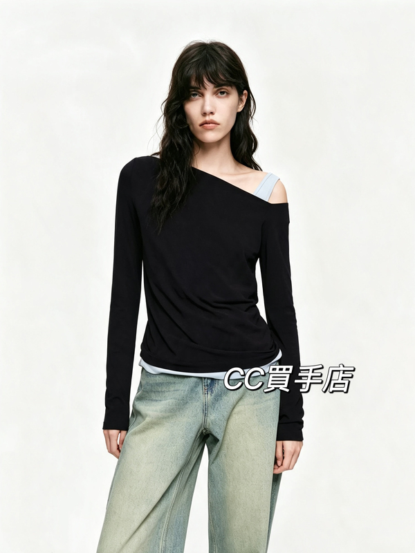 Authentic Fake Two-Piece Long-Sleeve Top 2026 Autumn New Color-Blocked Strap Off-Shoulder Ruched Waist Slimming Mbf3Topt09 Authentic Fake Two-Piece Long-Sleeve Top 2026 Autumn New Color-Blocked Strap Off-Shoulder Ruched Waist Slimming Mbf3Topt09