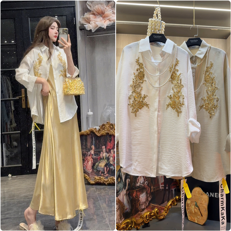 【Cheng Feng and An】65321 Heavy-Duty Floral Beaded Embellished Shirt Plus Size for Plus-Size Women