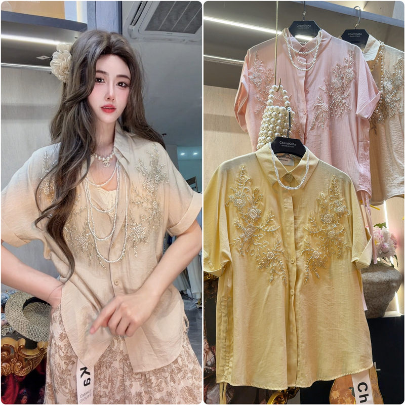 【Mountain Moon in the Arms】65410 Heavy-Duty Drawstring Three-Dimensional Beaded Shirt Plus Size for Plus-Size Women