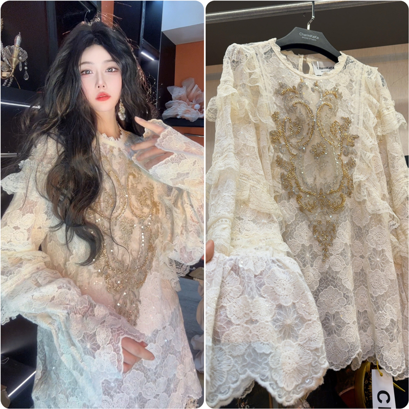 【Yuyanyinshu】64001 Ruffled Edge Luxury Loose Pullover Sequin Lace Shirt Plus Size for Plus-Size Women