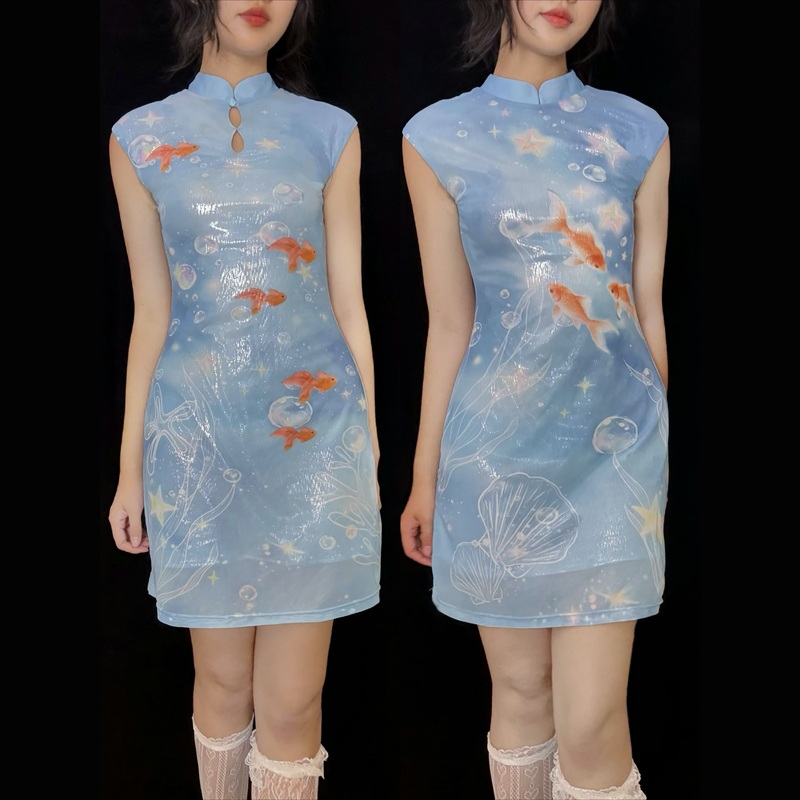 Emotional Magnetic Field Bubble Fish Double-Sided Printed Mesh Shiny Chinese-Style Cheongsam Blue Dreamy Women's Summer Dress
