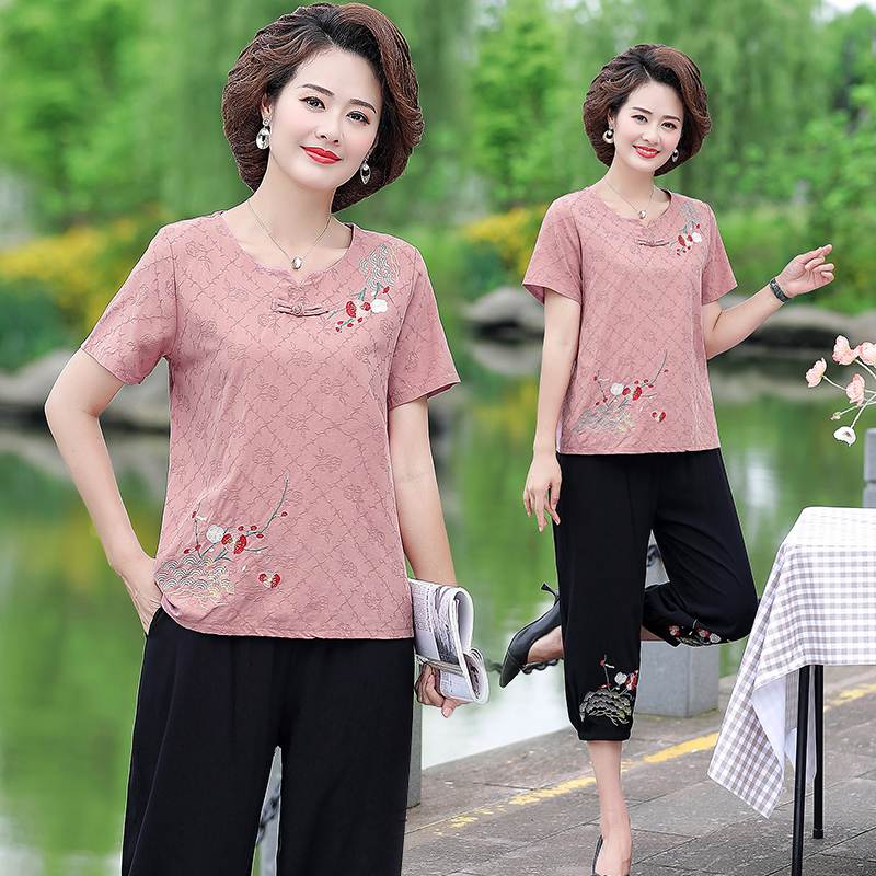 Mom loaded with summer clothes suit large size T-shirt short sleeve blouse for older ladies in summer cotton linen embroidered two-piece set