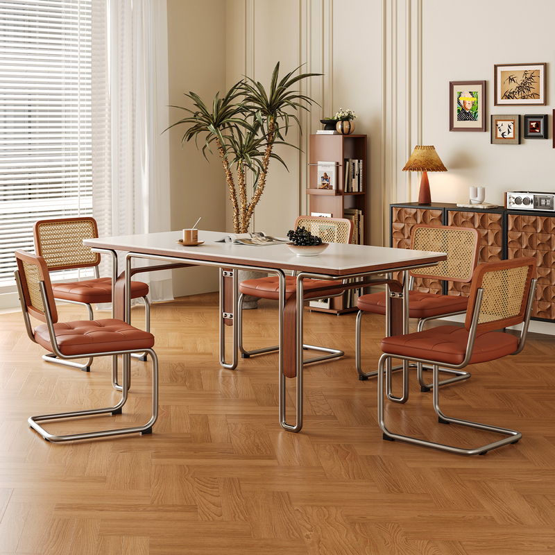 Vintage-Style Stone and Solid Wood Dining Table for Home Use, Stainless Steel Retro Furniture, Bauhaus Rectangular Cambridge Dining Table and Chairs Vintage-Style Stone and Solid Wood Dining Table for Home Use, Stainless Steel Retro Furniture, Bauhaus Rectangular Cambridge Dining Table and Chairs