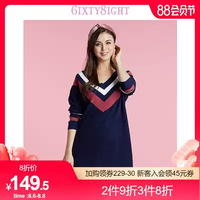 6IXTY8IGHT 68 official fashion retro V-neck stripe comfortable home night dress women autumn and winter HW07645