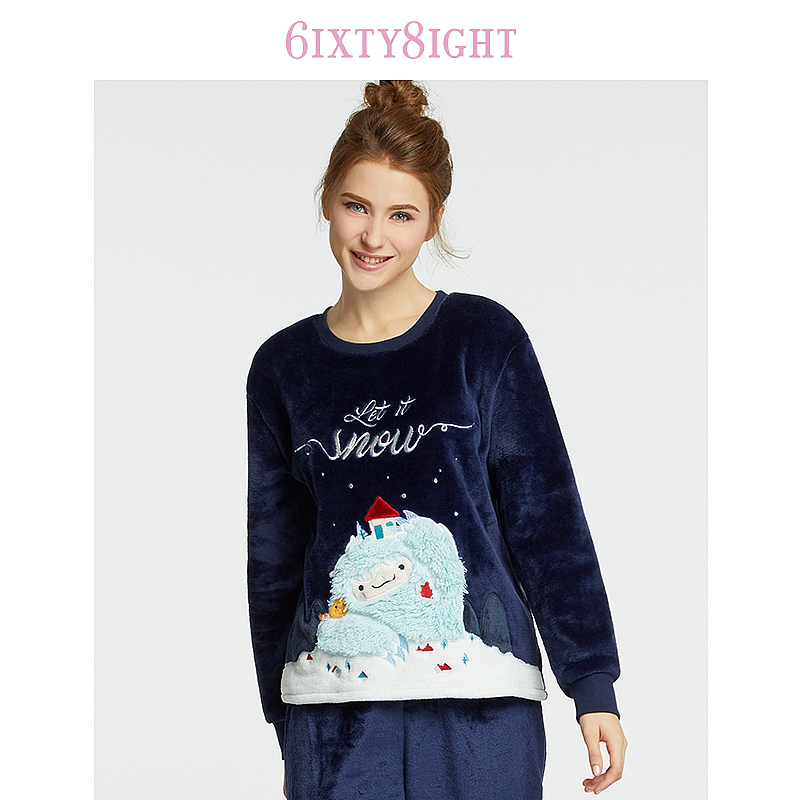 6IXTY8IGHT 68 Official sweet and snowy strange printed thickened warm home pyjamas blouse HW07796