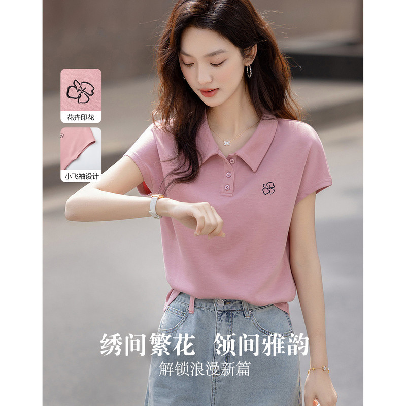 Outlet Clearance Counter 2026 Summer New Style Smart Design Small Flutter Sleeve Polo Collar Floral Embroidery Women's T-Shirt