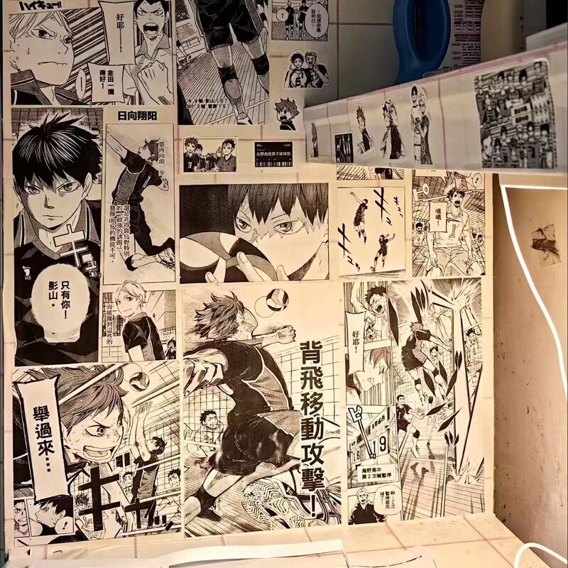 Haikyuu!! Wall Stickers Manga Wallpaper Anime Poster Oikawa Tobio Kageyama Hinata Print Black and White Pain Bag Background Paper