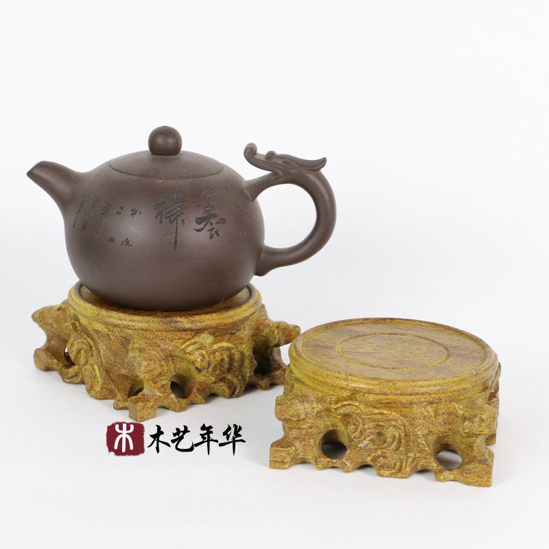 Mahogany wood carving whole material strange stone jade article Wenwan agate vase ornament base round solid wood teapot root carving base