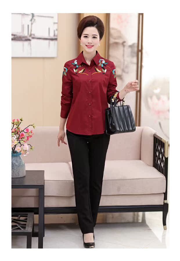 Áo sơ mi nữ trung niên 2019 xuân hè mới áo cotton thêu nữ áo dài tay áo sơ mi mẹ trung niên - Áo sơ mi dài tay sơ mi nữ dài tay đẹp