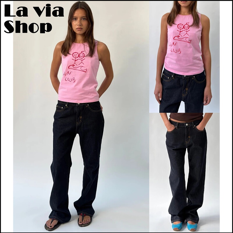 【La Via】Authentic In-Stock Urban Sophistication Stick Figure Pink Vest and Jeans for Women