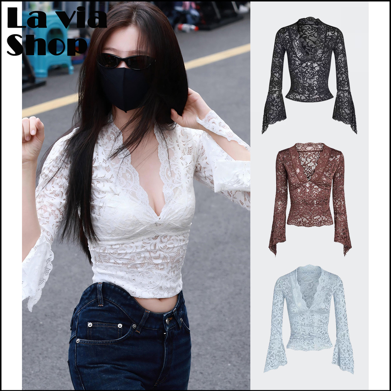 【La Via】Buyer's Store Has in Stock the Same Lace Hollow-Out V-Neck Long-Sleeve Top as Worn by Yu Shuxin from Australia's Iamgia Brand