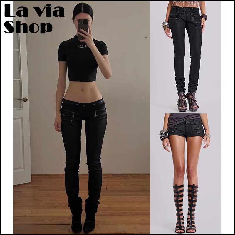 【La Via】Authentic Jaded London Antique Silver Zipper-Coated Pleated Leg-Cinching Low-Waist Jeans