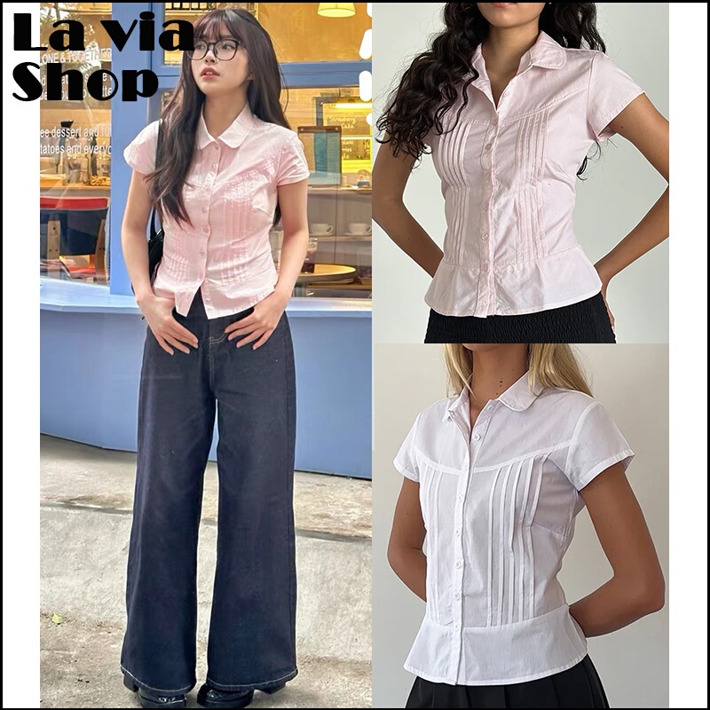 [La Via] Buyer Store Genuine旅馆 Rocks New Pink Pleated Slim Lapel Short-Sleeved Shirt