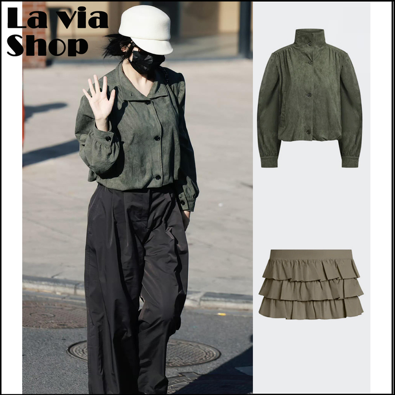 【La Via】Authentic Lioness Yu Shuxin Same Style Suede Stand Collar Button Jacket with Ruffled Skirt Pants for Women
