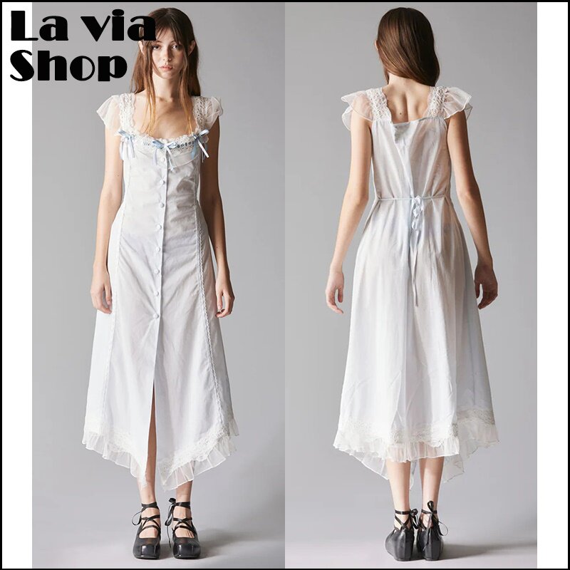 La via】买手店正品UNIF连衣裙25新款蝴蝶结系扣蕾丝边修身长裙