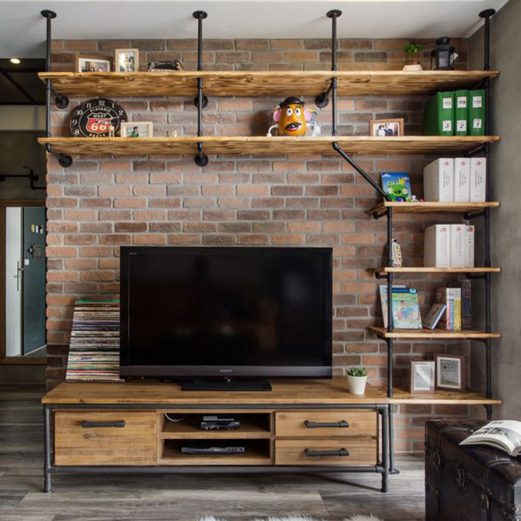 loft retro American plumbing wall Shelves Iron Art Solid Wood Bookcase shelf TV Background Wall Decorative Shelf