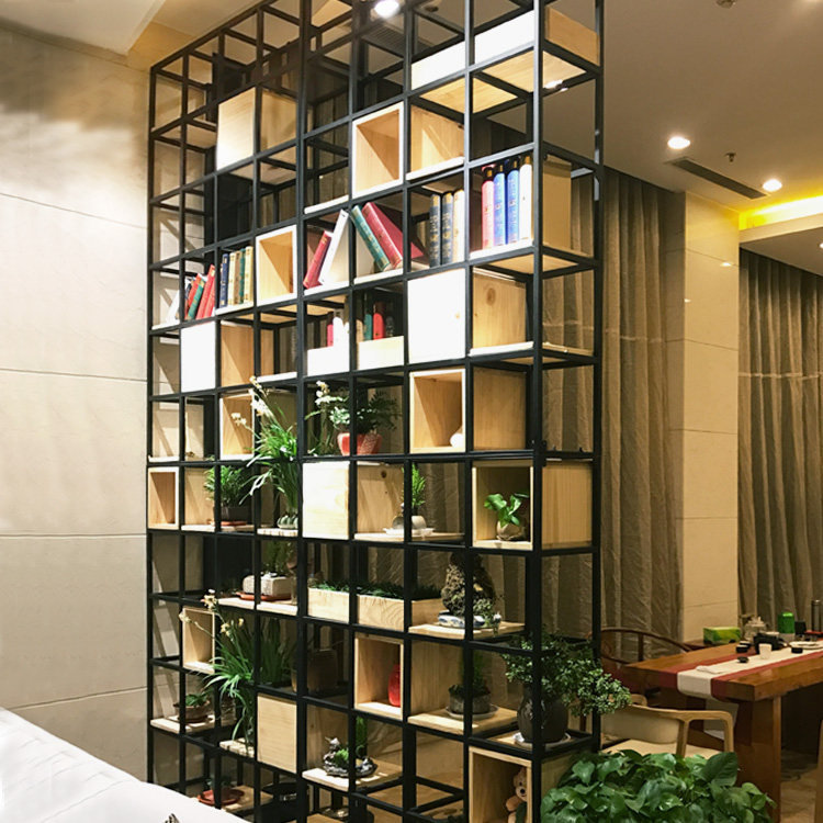 Loft American creative bookshelf rack wrought iron solid wood floor bookcase screen rack display rack partition