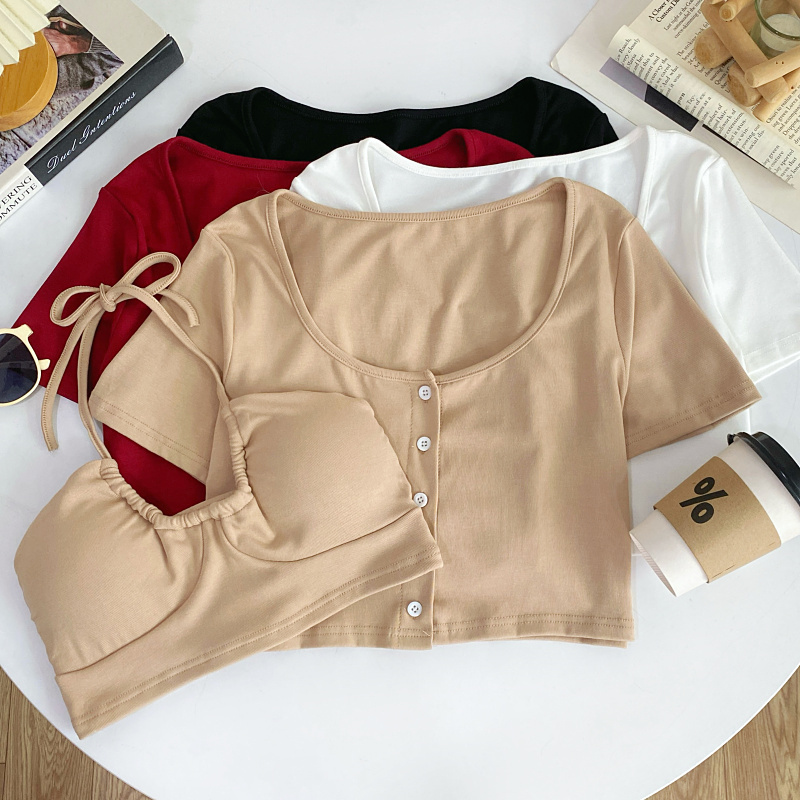 Purely Sexy Style Round-Neck Single-Breasted Short-Sleeve Shirt Top + Halter Neck Camisole Set with Chest Pads